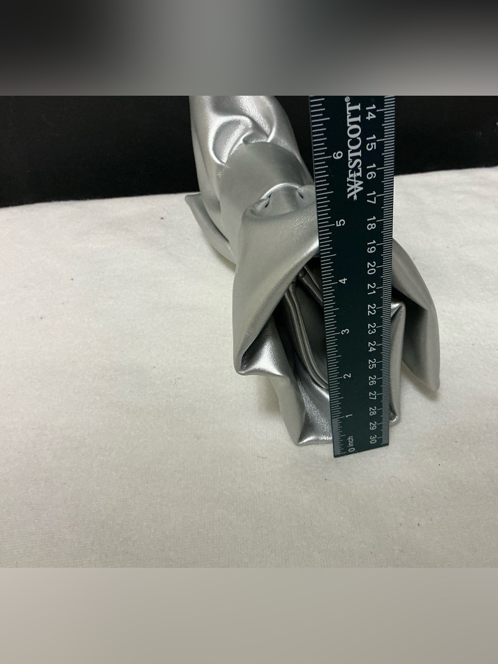 Silver Satin Bow Clutch with Gold Emblem - Picture 2 of 8